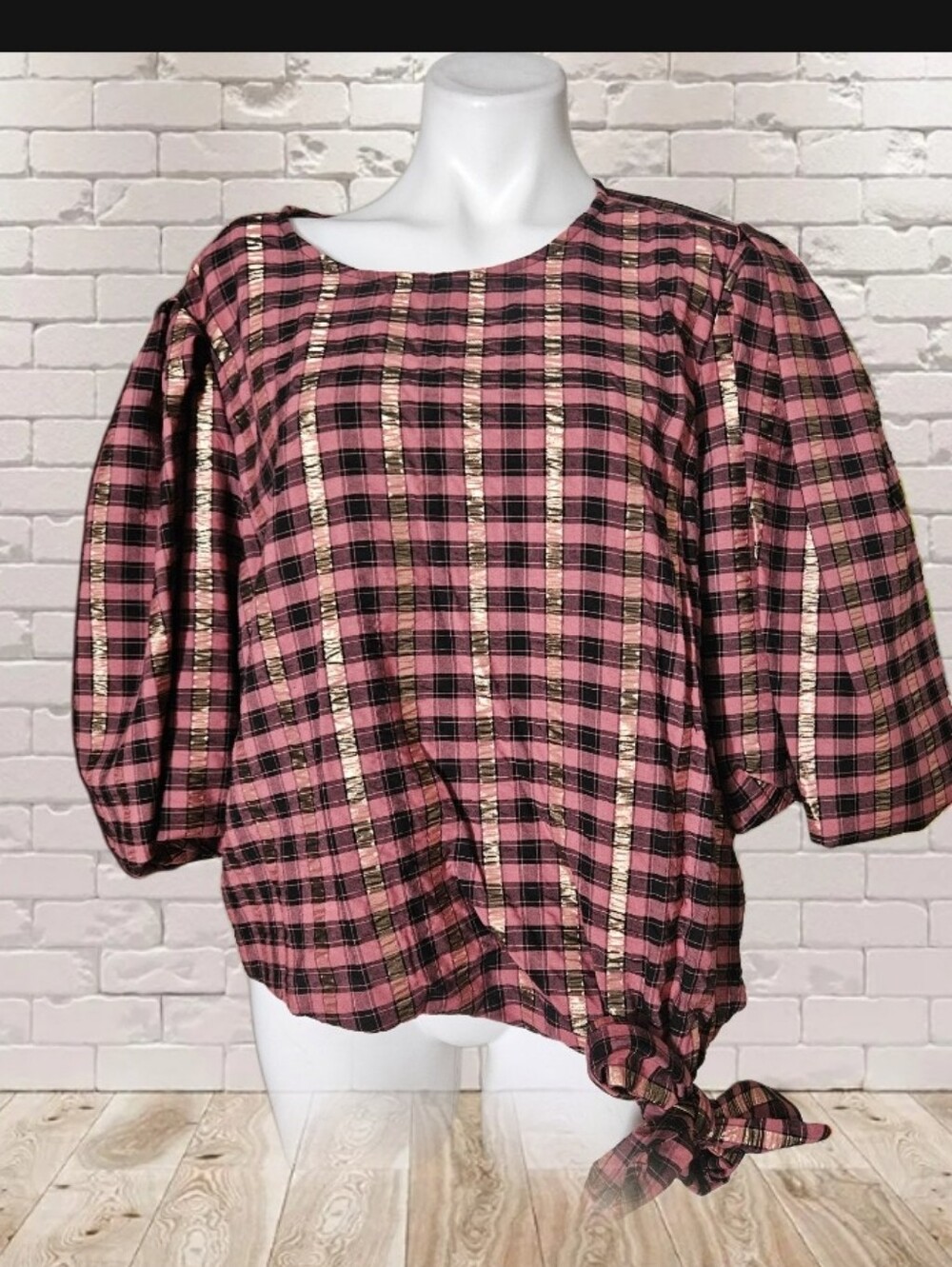 Vince Camuto Metallic Stripe Plaid Puff Sleeve Top Womens XL Black Tie Front Bow